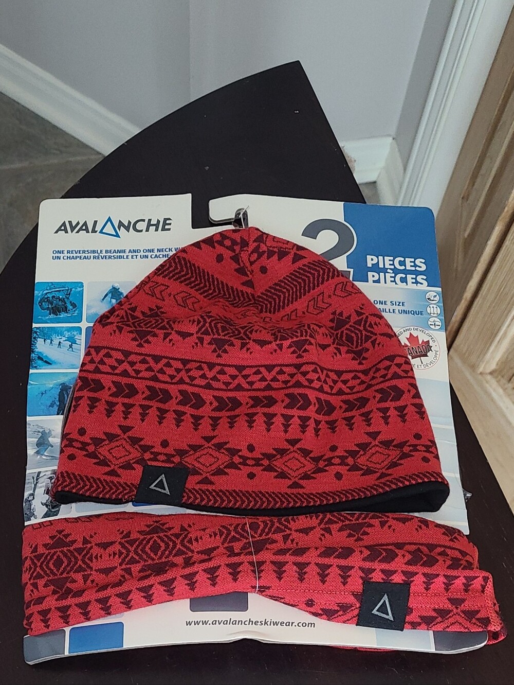 Avalanche Red and Black Geometric  Beanie & Neck Warmer Set